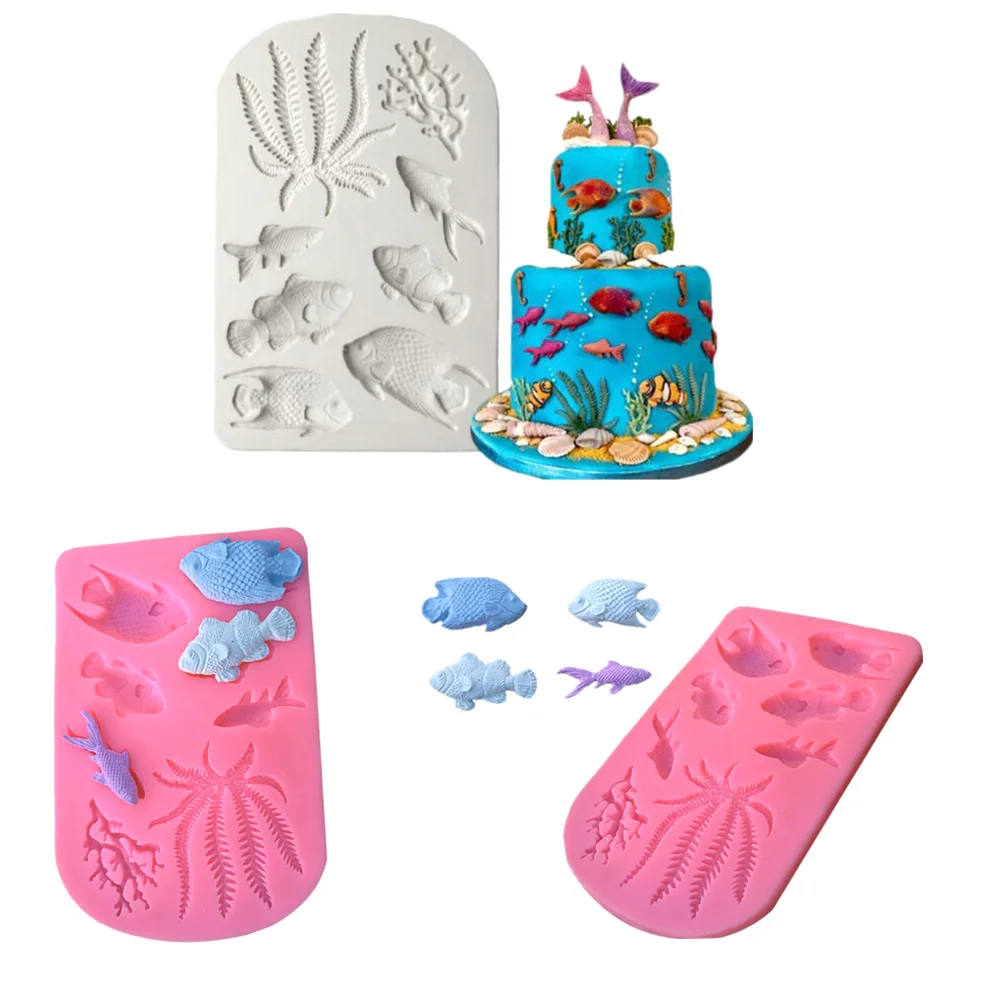 1pcs DIY Cake Border Fondant Cake Decorating Tools Fish Sea Coral Cupcake Chocolate Moulds Seaweed Silicone Mold