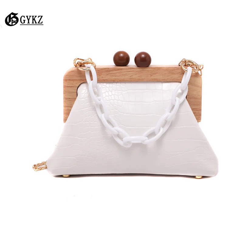 

Fashion Wooden Chain Handbag Women Bag CrossbodyBag Summer Beach Shell Stone Pattern PU Leather Small Cross Body Purse 2020 New