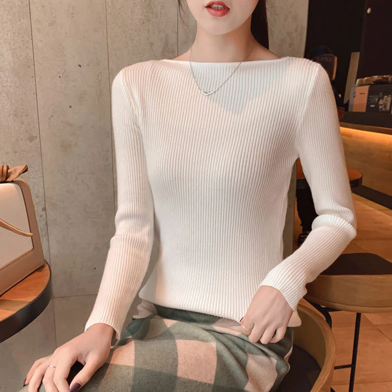 

Autumn Winter Slash Neck Long-sleeved Knit Solid Color Pullover Korean Style Slim Sweater Women's Casual Sweater