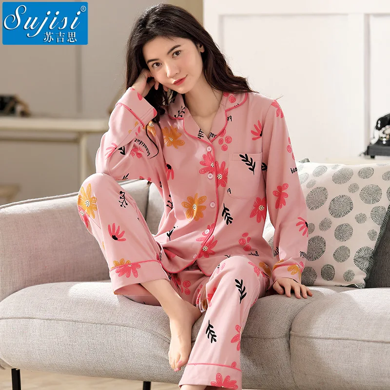 

Autumn and Winter Pure Cotton Women's Pajamas, Lovely and Sweet Princess Style, Korean Flower Cardigan Lapel Plus Size Homewear