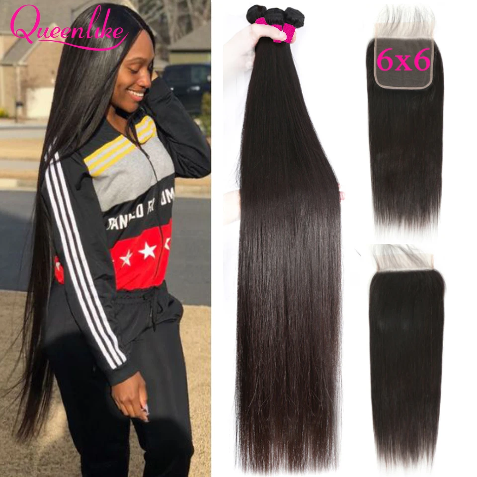 Fechamento e Cabelo Pacotes com Fechamento Fecho com 6x6 Queenlike Cabelo Brasileiro Humano Fechamento Fecho 3 6*6 1 Pacotes com 3/4 com fecho