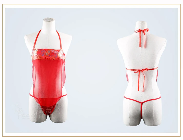 New red perspective bride kimono bathrobe mesh girth T pants+ nightgown nightdress set 3 piece set