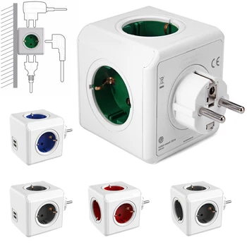 

PowerCube Power Strip EU Plug with USB Smart Socket Charger Travel Adapter 4 Outlet Port Grounded Wall Holder for Home