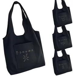 Shopping Bag Women's Student Canvas Bag Handbag Foldable Travel Messenger Shoulder Bag12Constellation Printing Storage Tote Bag