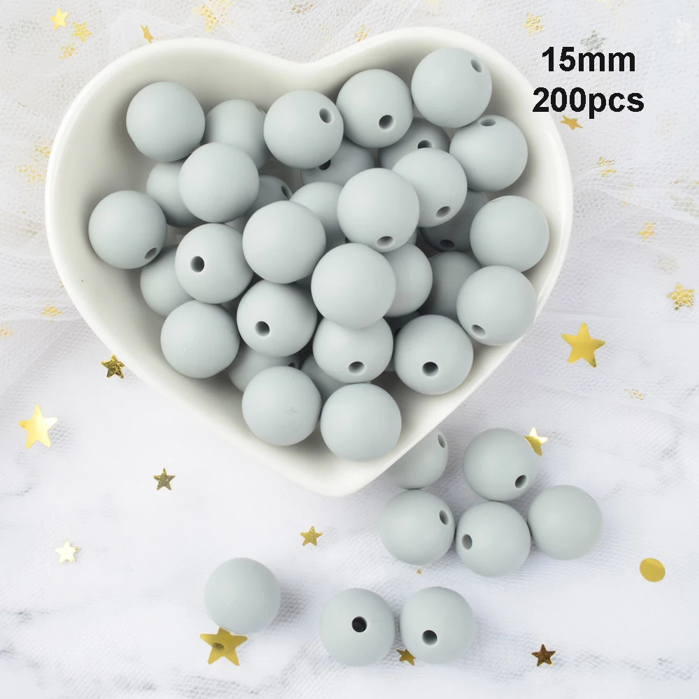 Light grey LOFCA 15 мм 200 шт Силиконовые Бусины Пищевой Круглый Прорезыватель Детские Жевательная Для Прорезывания Зубов Бусины Соска-Подвеска Аксессуары для изготовления - Цвет: Light grey