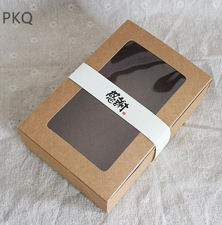 

50pcs Kraft Paper Cardboard Gift Box with PVC Window Cookies Candy Moon cake Display Box Rectangle Craft Carton Baking Box