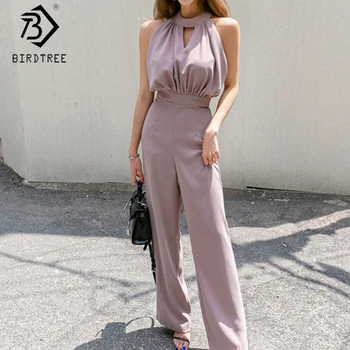 

2020 Summer New Women's Korean Style Neck Jumpsuits Slim Waist Sleeveless Off Shoulder Wide Leg Long Rompers Office Lady B03601K