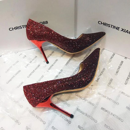 Wine red 9cm Тонкие модельные туфли с острым носком на высоком каблуке; блестящие туфли-лодочки на шпильке; Цвет черный, серебристый; брендовые туфли; Размеры 33, 4, 34; - Цвет: Wine red 9cm