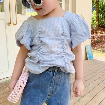 

Summer girls blouse Baby shirt kids tops Children streetwear clothes fashion check plaid pleated ruched puff sleeve 2 to 9 yrs
