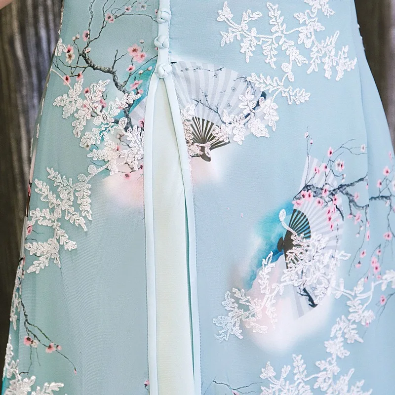 Летнее платье Вьетнам Aodai Cheongsam Ретро стиль ТРАПЕЦИЕВИДНОЕ ПЛАТЬЕ С Коротким