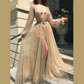 

Turkish Glittery A-Line V-Neck Evening Dress Full Sleeves Slit Beaded Floor-Length Metal Spraying Women Dress Prom Party Dress