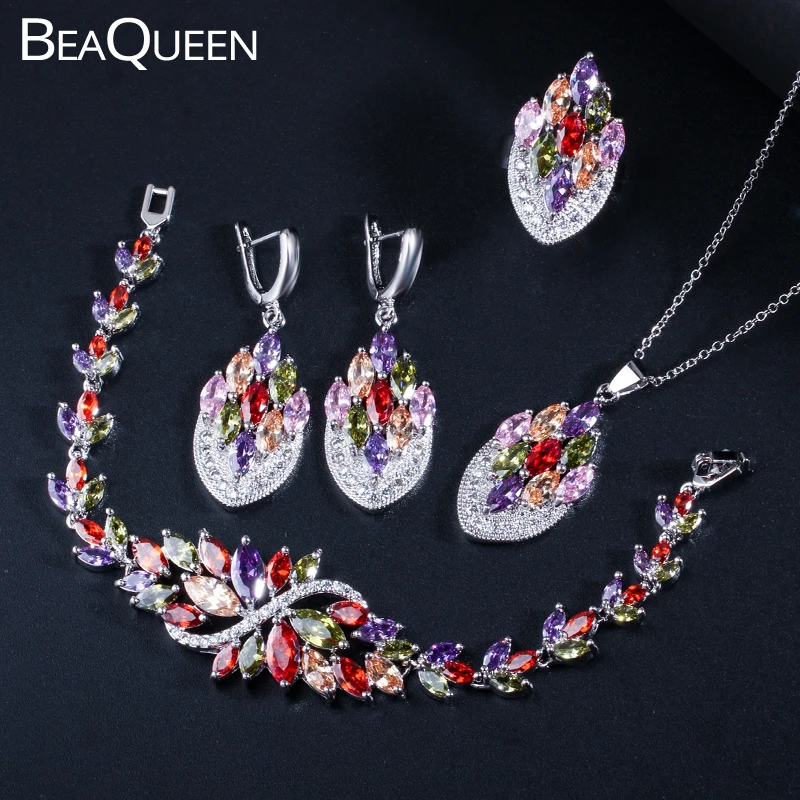 

BeaQueen Luxury Sterling Silver 925 Cubic Zirconia Crystal Ring Earrings Bracelet Necklace Multicolored 4 Pcs Jewelry Sets JS143