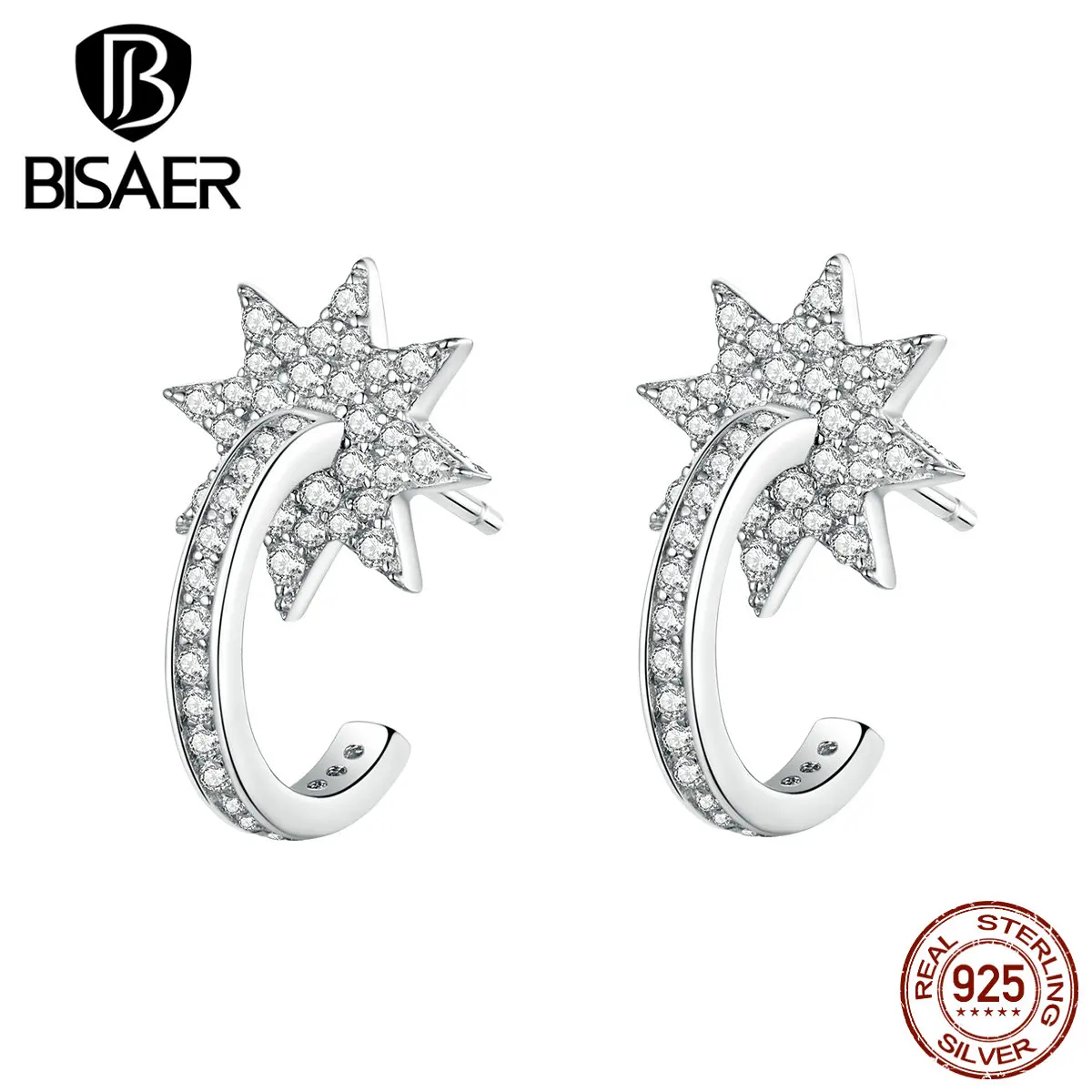 Серьги в виде звезды BISAER,, 925 пробы, серебряные, блестящие, Звездные, женские серьги, геометрические, простые серьги, Женские Ювелирные изделия EFE258
