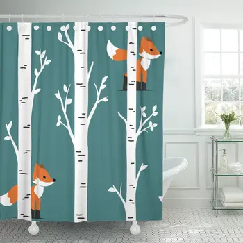 

Shower Curtain Colorful Animal Nursery Woodland Baby Room Forest Prints Fox with Birch Trees and Leaves Design Orange Waterproof