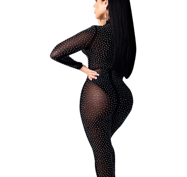 Cultiseed Women Sexy Hot Drilling Slim Hip Jumpsuits Rompers Female Fashion Hollow Out Bandage Mesh Jumpsuits Ladies Jumpsuits