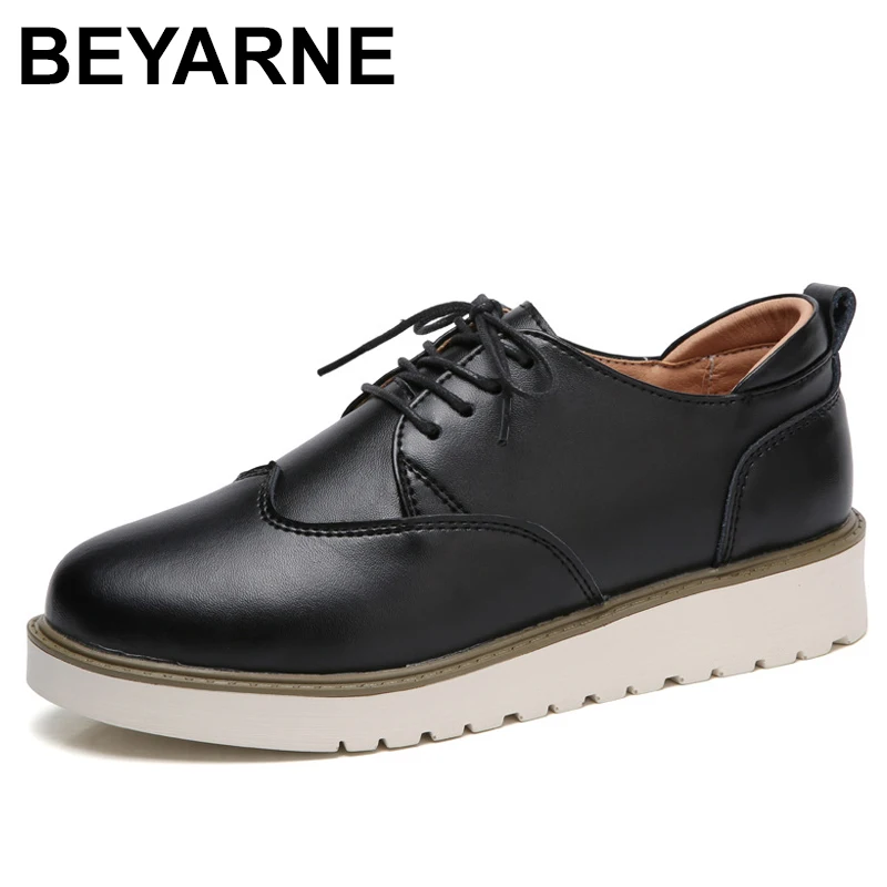 

BEYARNE Autumn The Sneakers Women Platform Shoes Genuine Leather Flats Lace Up Creepers Casual Shoes Woman Brogue ShoesE975