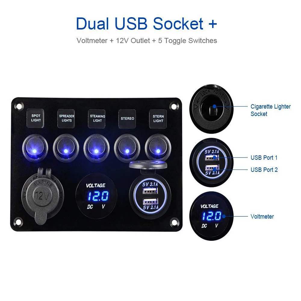  5 Gang Switch Panel 12V/24V Digital Voltmeter Rocker Switch Blue LED Light with Cigarette Lighter D