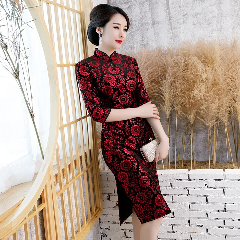 Велюровые негабаритные Мини женские Qipao с черным цветком Cheongsam Формальные Вечерние платья винтажные кнопки сексуальные женские китайские трагитальные платья