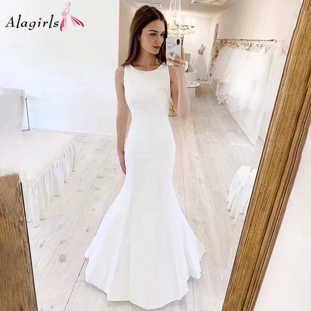 

Bow Satin Mermaid Wedding Dress Tank Backless Bride Dresses White Simple Wedding Gown Vintage Weding Dress 2020