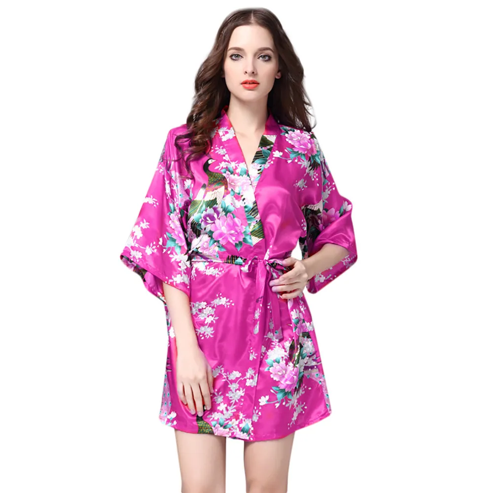 Hot Pink Шелковый атлас для свадьбы, невесты, подружки невесты халат цветочный халат Короткое Кимоно халат ночной халат банный халат модный Халат - Цвет: Hot Pink