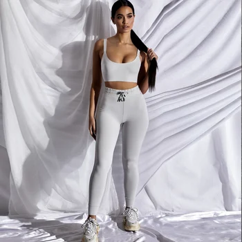 

TWO PIECE SET Sexy Crop Top Women Stretch Tracksuit High Waist Joggers Leggings Bodycon Trainsuit Sportswear 2 PIECE Set Summer