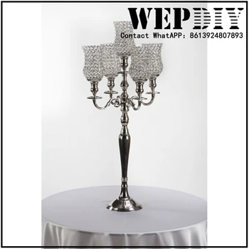 

European-style modern metal silver flower-shaped crystal five-head dining table wedding candlestick decoration props