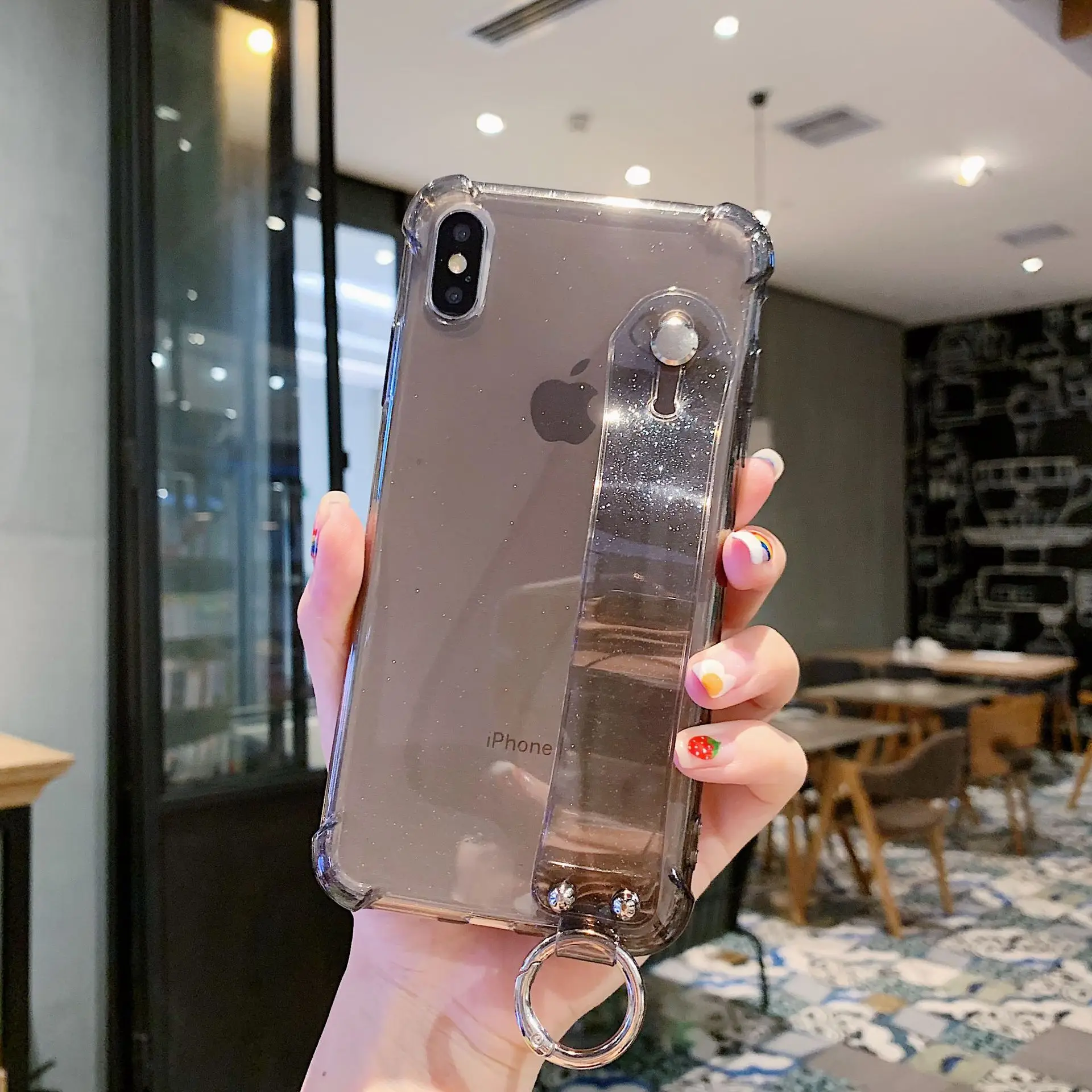 Блестящий держатель для пудры чехол для телефона для iPhone 11 X XR XS Max 6 6S 7 8 Plus прозрачный мягкий ТПУ ремешок противоударный чехол - Цвет: gray