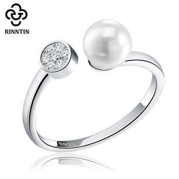 

Rinntin Sterling Silver Adjustable Stimulated Pearl Ring Cubic Zircon Paved Delicate Open Cuff Ring Women Jewelry TSR15