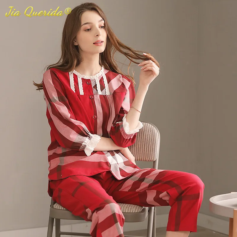

2020 New Pajamas Women's Spring and Autumn Woven Cotton Plaid Half Sleeve Summer Home Clothes Red Pajamas Plus Size Ladies Suit