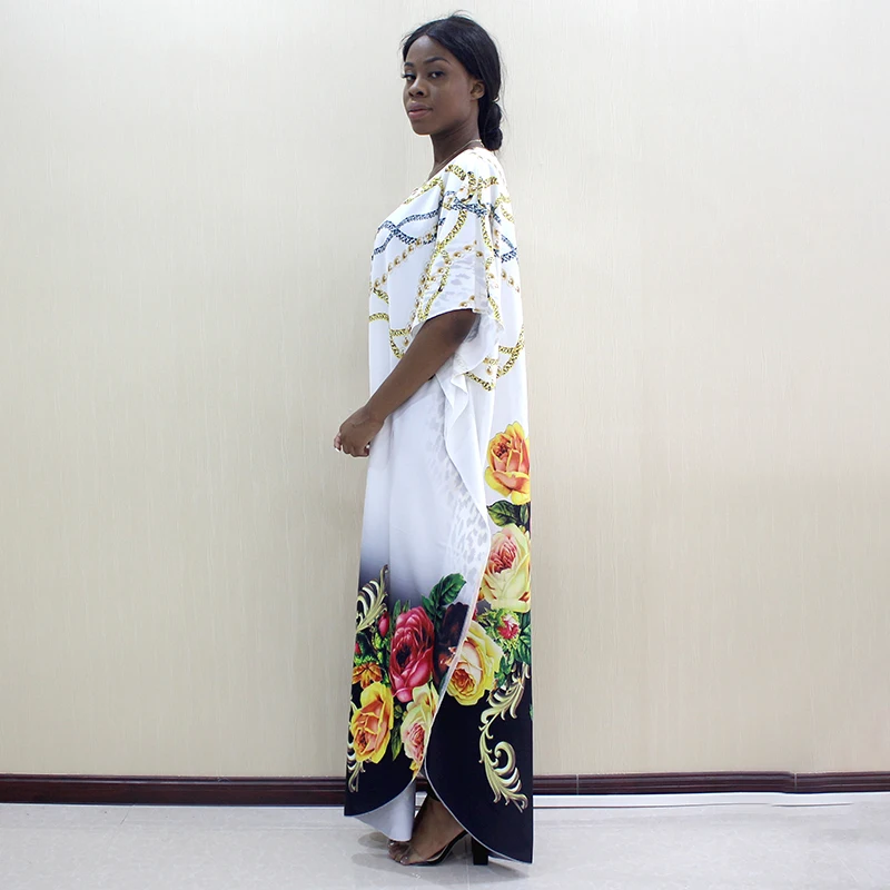 Новейший модный дизайн Африканский Дашики o-образным вырезом цветок и ювелирный узор напечатанный полиэстер рукав летучая мышь повседневное благородное длинное платье