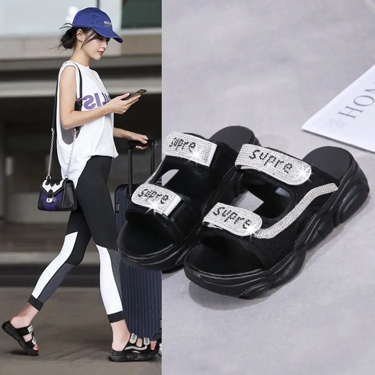 

Online Celebrity Sandals Women's 2019 Summer New Style Korean-style Velcro Man-made Diamond Muffin Thick Bottomed Gladiator Sand