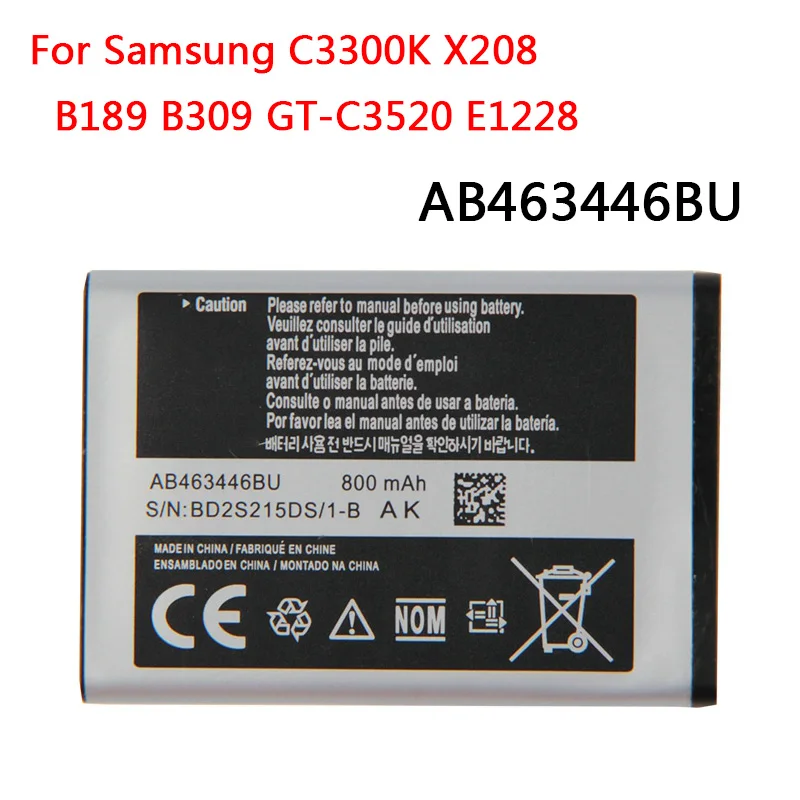 Оригинальный аккумулятор AB463446BU AB553446BU для Samsung C3300K X208 B189 B309 Φ E1228 E339 800 мАч |