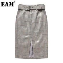 [EAM] клетчатая юбка с высокой талией, с блестками, с разрезом, для темпераментных девушек, женская мода, новинка, весна-осень, 1H700