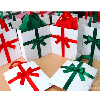 

Elegant Holiday Gift Bag with satin ribbon and bow Any color of ribbon White and Green Elegant Welcome Gift Paper Bags