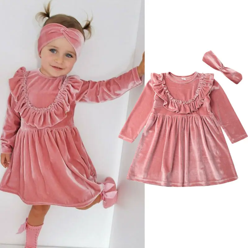 

Princess Kids Baby Girls Velvet Ruffles Dress+Headwear 2Pcs Long Sleeve Solid Princess Dress A-Line Girl Clothes Sets 1-6Y