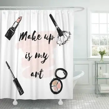 

72 x 72 inches Inscription Makeup is My with Cosmetics of Lipstick Brush Eyeshadow Set with Hooks Decorative Shower Curtain
