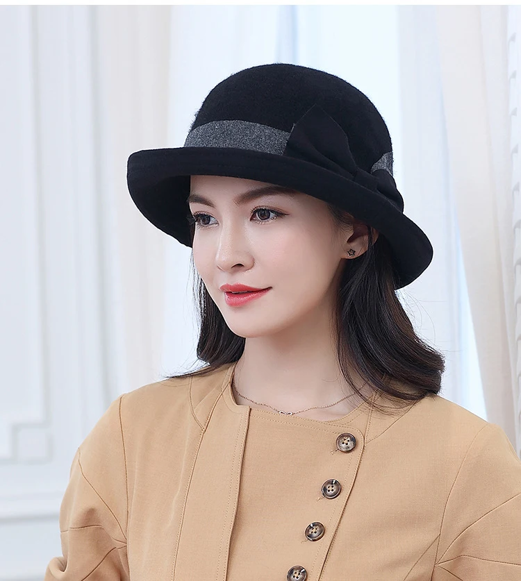 FS Fashion Gray Purple Women Wool Felt Bucket Hats Vintage Ladies Cloche Derby Bowler Cap with Bowknot Elegant Autumn Winter