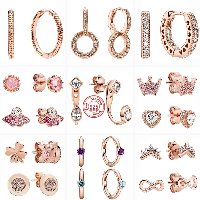 New Rose Gold Style Fan Heart Crown Pavé Orecchini Scintillanti Fit Original Brand Charms Women Diy Fashion 925 Gioielli In Argento