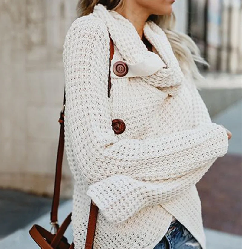 Однотонный женский свитер, Осенний ассиметричный вязаный пуловер, джемпер, топы, свитер на пуговицах для женщин размера плюс, женская одежда BDR905