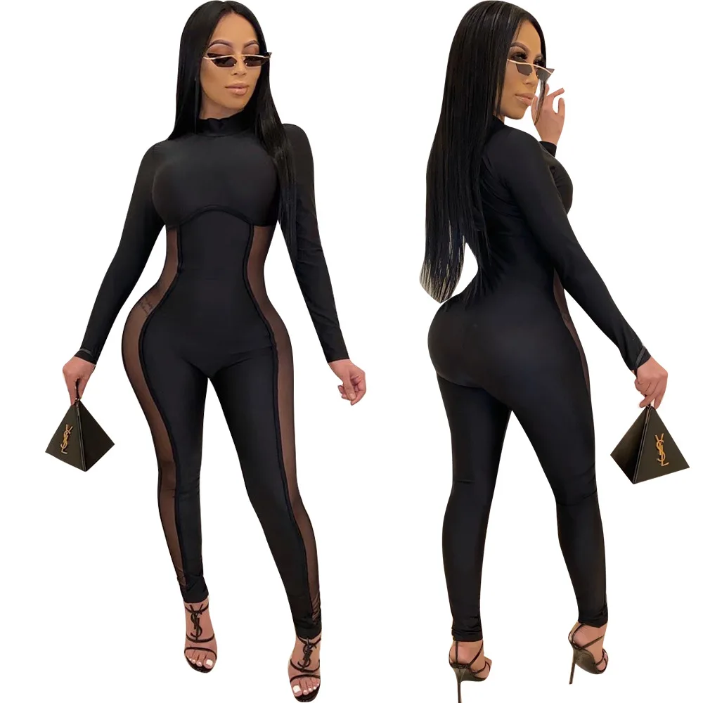 ChocoMist Jumpsuits Sexy Nightclub Skinny Black See-through Jumpsuit 302