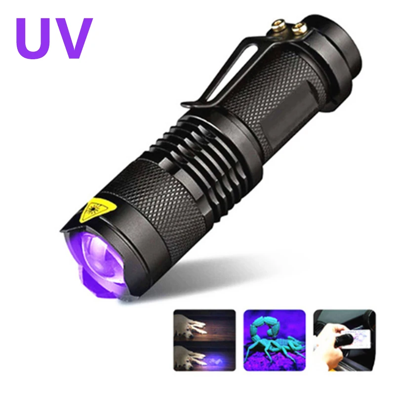 

395NM LED UV Night Flashlight Ultraviolet Torch With Zoom Function Mini UV Black Light Pet Urine Stain Detector Scorpion Hunting