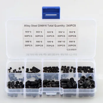 

240pcs M3 M4 M5 M6 M8 Carbon Steel DIN916 Black 12.9 Class High Strength Recessed Hexagon Headless Set Screw Set