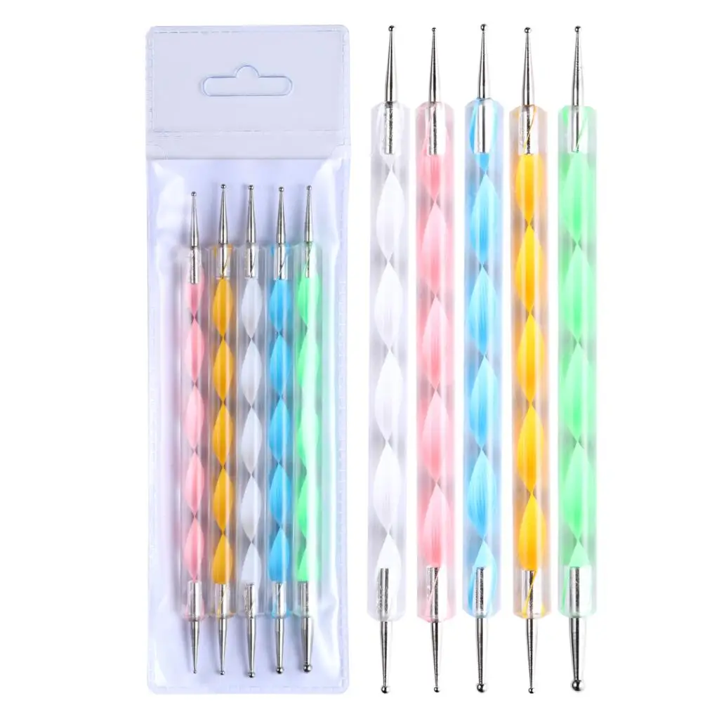 5pcs/Set UV Gel Painting Dotting Pen Acrylic Handle Professional Nail Art Tool 2 ways Swirl Marbleizing Steel Dotting Kit 6