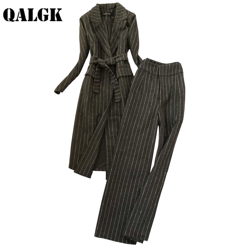 Грот Размер установить режим vrouwen autumnnew mode slanke lange wollen gestreepte pak trenchcoat+ hoge taille wijde pijpen broek twee