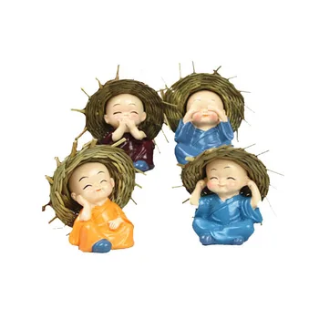 

4pcs/set Cute Monk with Straw Hat Figurines & Miniatures Cartoon Resin Kung Fu Kids Figurines Car Decoration Home Dector