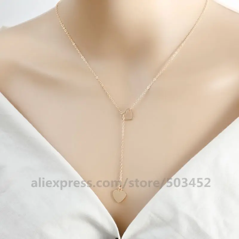 

400pcs/lot Two Heart shape Long Pendants Necklace Y Type Grace collares de moda Glod Silver Coler Simple Chains Necklace