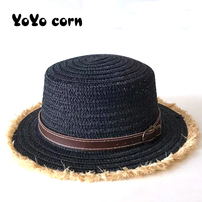 

YOYOCORN Breathable Hat Raffia Ladies Yellow Belt Cute Flat Top Straw Hat Summer Spring Women's Trip Caps Leisure Beach Sun Cap