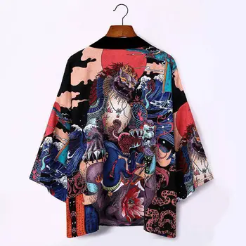 

#3664 Dragon Print Kimono Jacket Men Fashion Chinese Style Coat Black Kimono Capes Outerwear Bohemian Kimono Thin Coat Summer