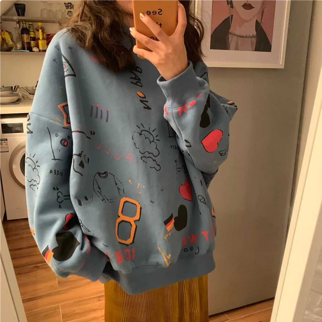 Pullover Women Sweatshirt Graffiti Hip-pop Streetwear Tops O-neck Long Sleeve Cartoon Print Jumper Casual Loose Oversized Female