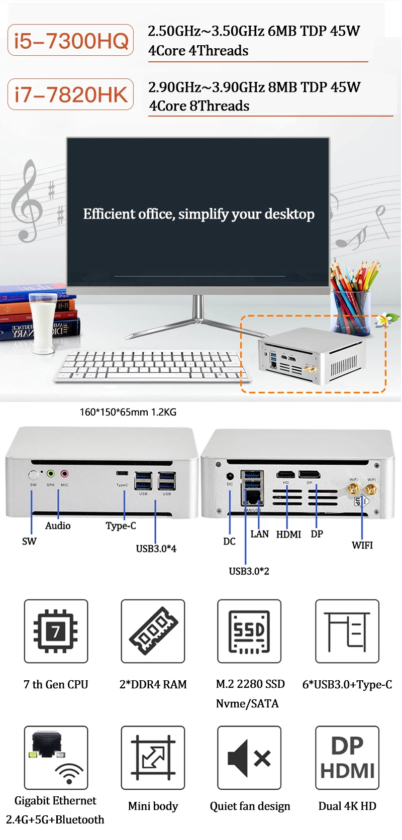 Newest IntelCore 7th Gen Mini PC i5 7300HQ/i7 7820HK Intel UHD630 win10 4Core 8 Threads 2.4G+5G+Bluetooth NUC Freeshipping pc